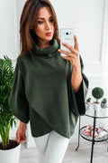 Women's longline bat-sleeve cardigan sweatshirt in grey with three-button placket and stitching detail.