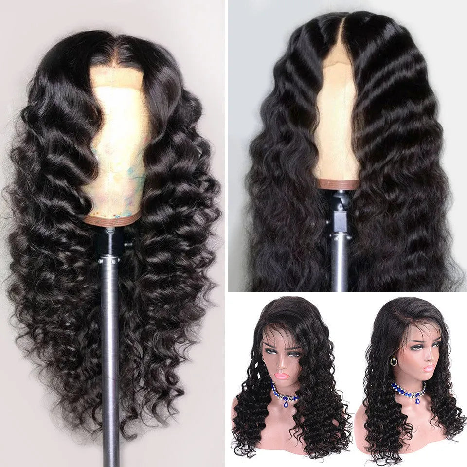 Black small curly chemical fibre front lace wig with breathable cap and adjustable buckles