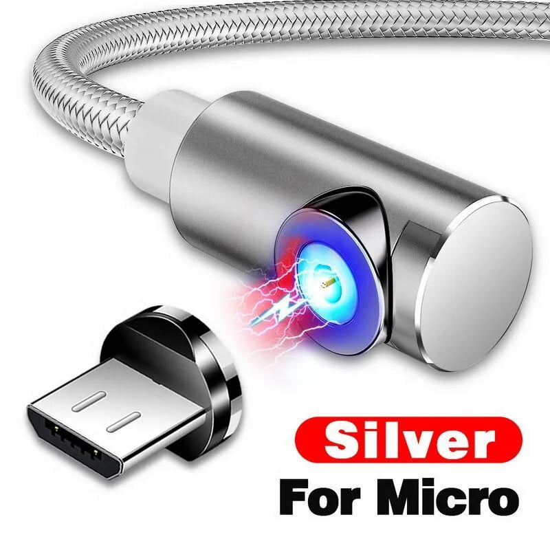 Black L-shaped magnetic charging cable with aluminium connectors for Micro USB, Lightning, and Type-C phones.