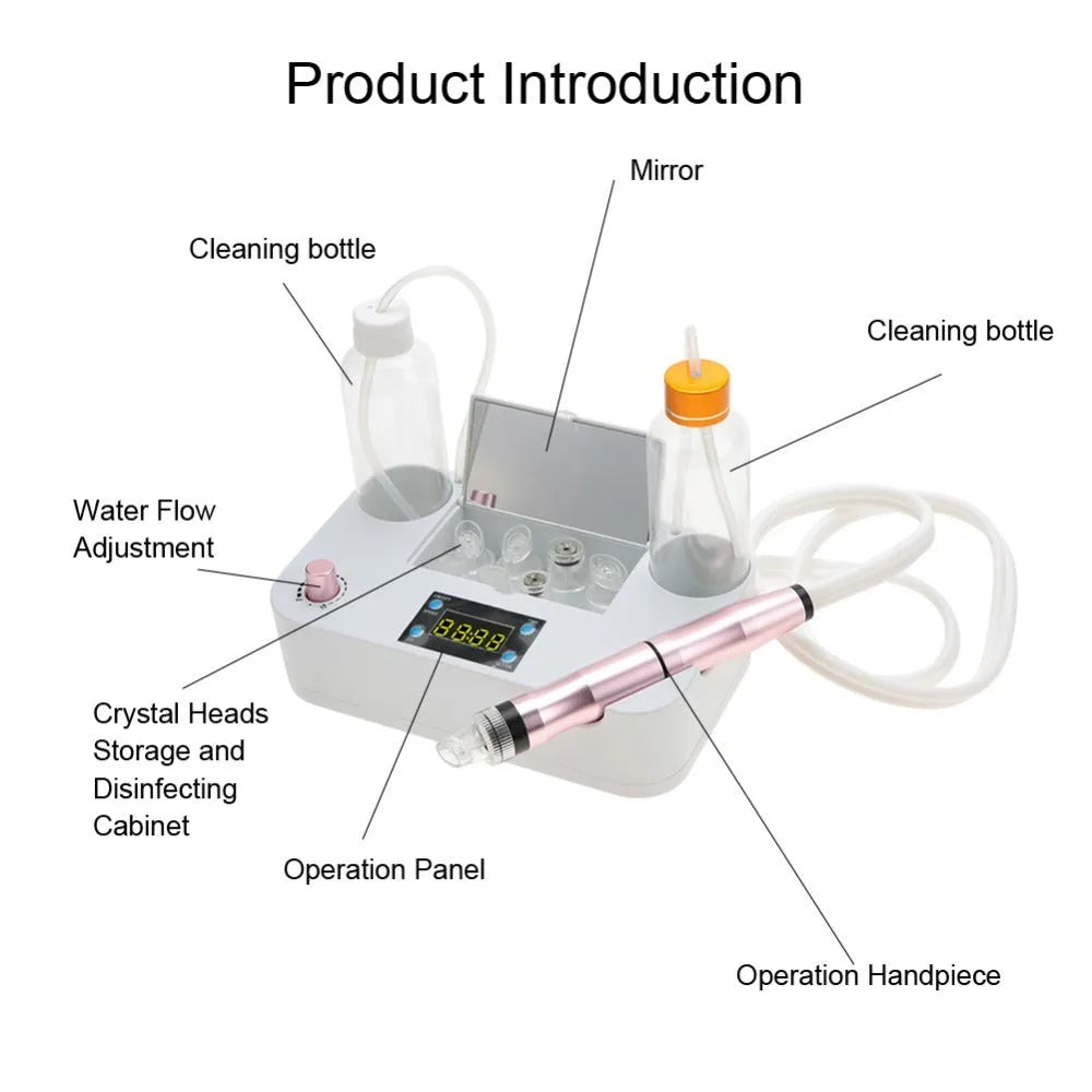 Portable oxygen spray hydro jet machine for blackhead removal and skin rejuvenation, 26cm size, with bottles and crystal heads.