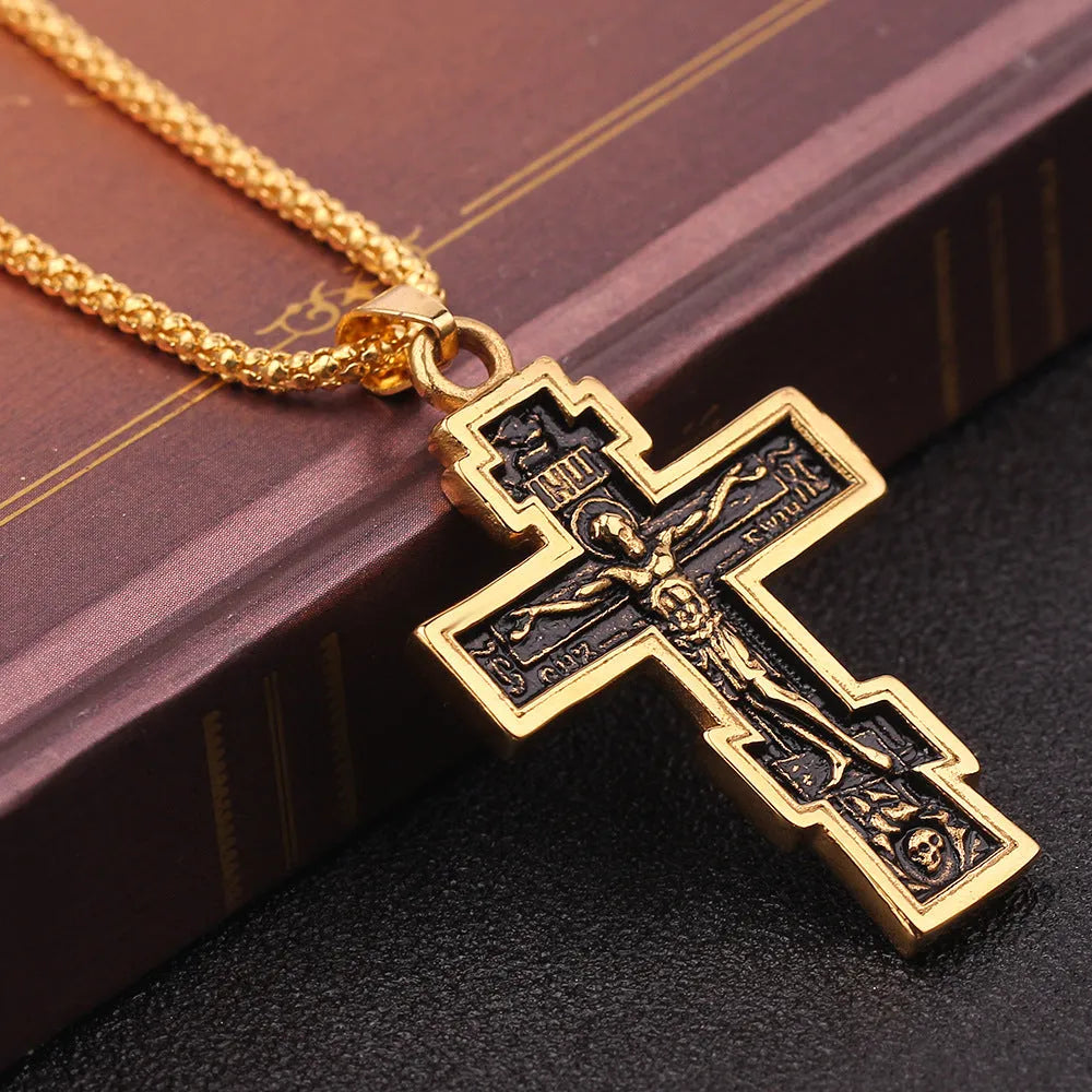 Gold cross Jesus pendant necklace on alloy chain, 5cm length, geometric design