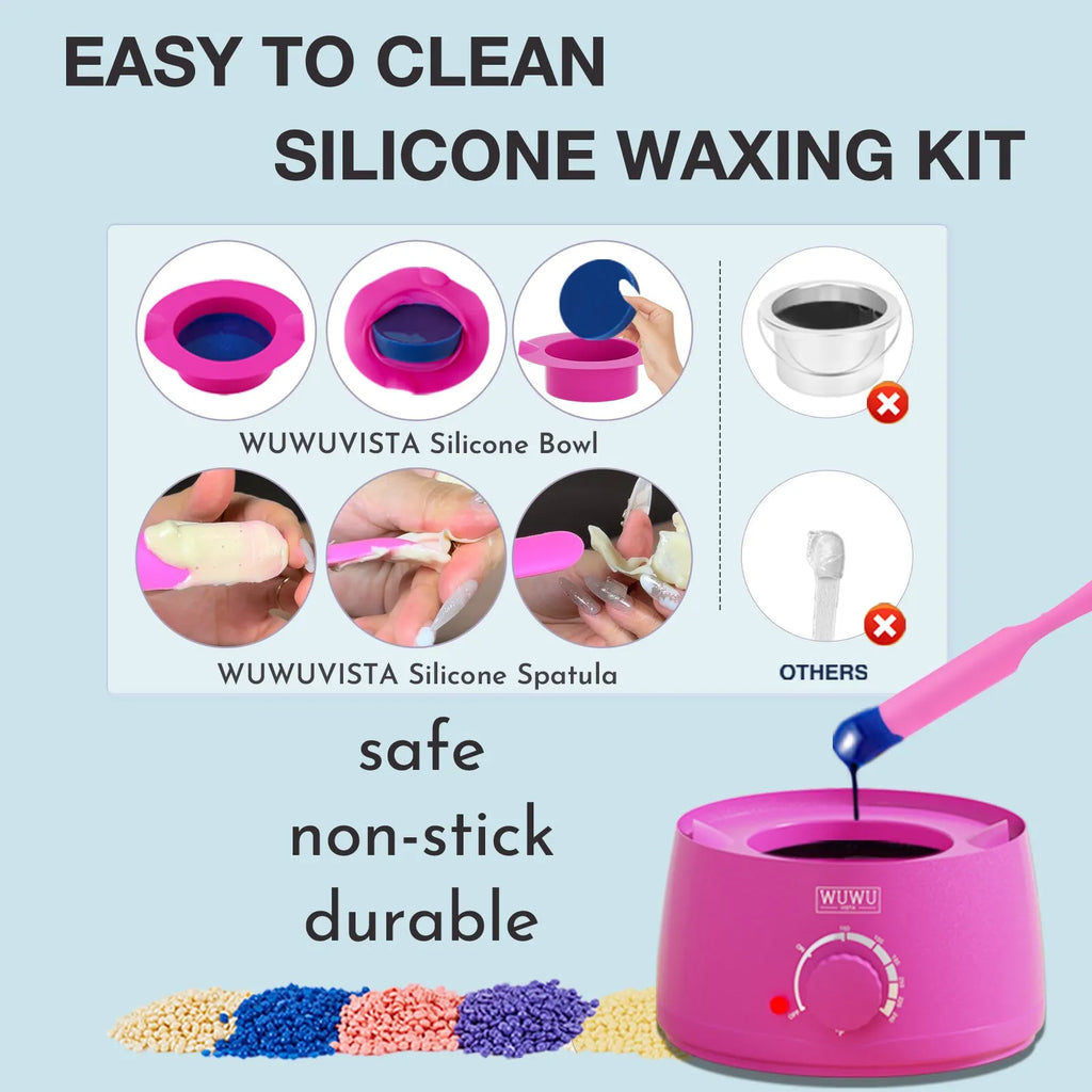 WUWUVISTA 63-piece waxing kit with black wax warmer, wax beads, application sticks, and aftercare products