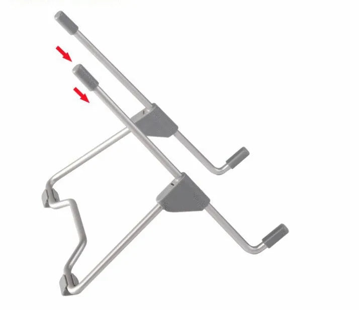 Grey aluminium alloy and plastic mobile phone and laptop stand combo on desk