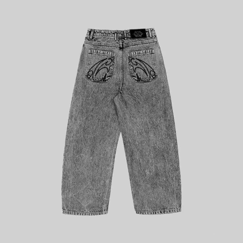 Grey loose fit straight-leg denim trousers for men on a white background