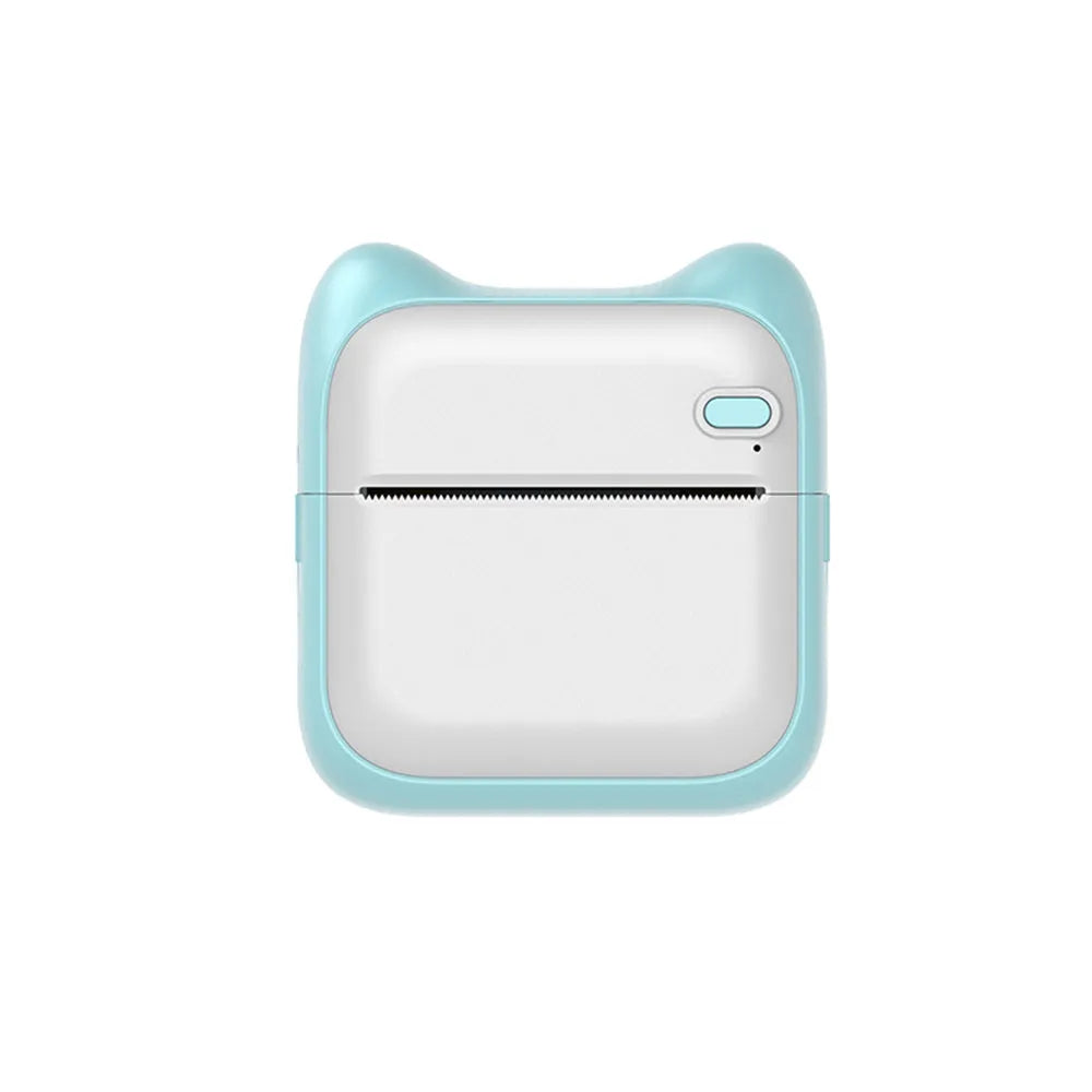 Pink mini pocket Bluetooth thermal printer on desk with USB cable, 90x45x82mm