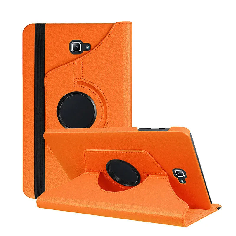 Rotating leather case for T-series tablet showing multiple viewing angles and colour options