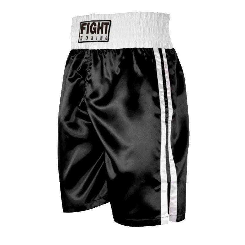 Black and white striped waist kickboxing shorts with side splits on a mannequin.