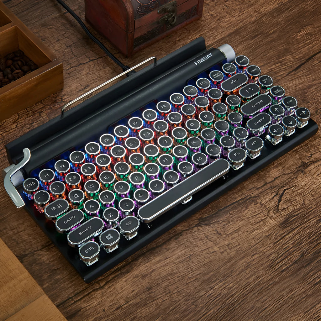 Black retro typewriter-style Bluetooth mechanical keyboard with backlit keys