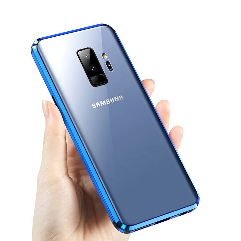 Magnetic anti-peeping phone case for Samsung Galaxy with double-sided glass construction in clamshell design