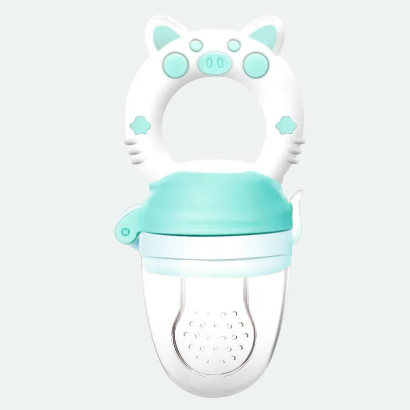 BPA-free silicone baby teether in blue, green, or pink colours showing single and triple mouthpiece design options