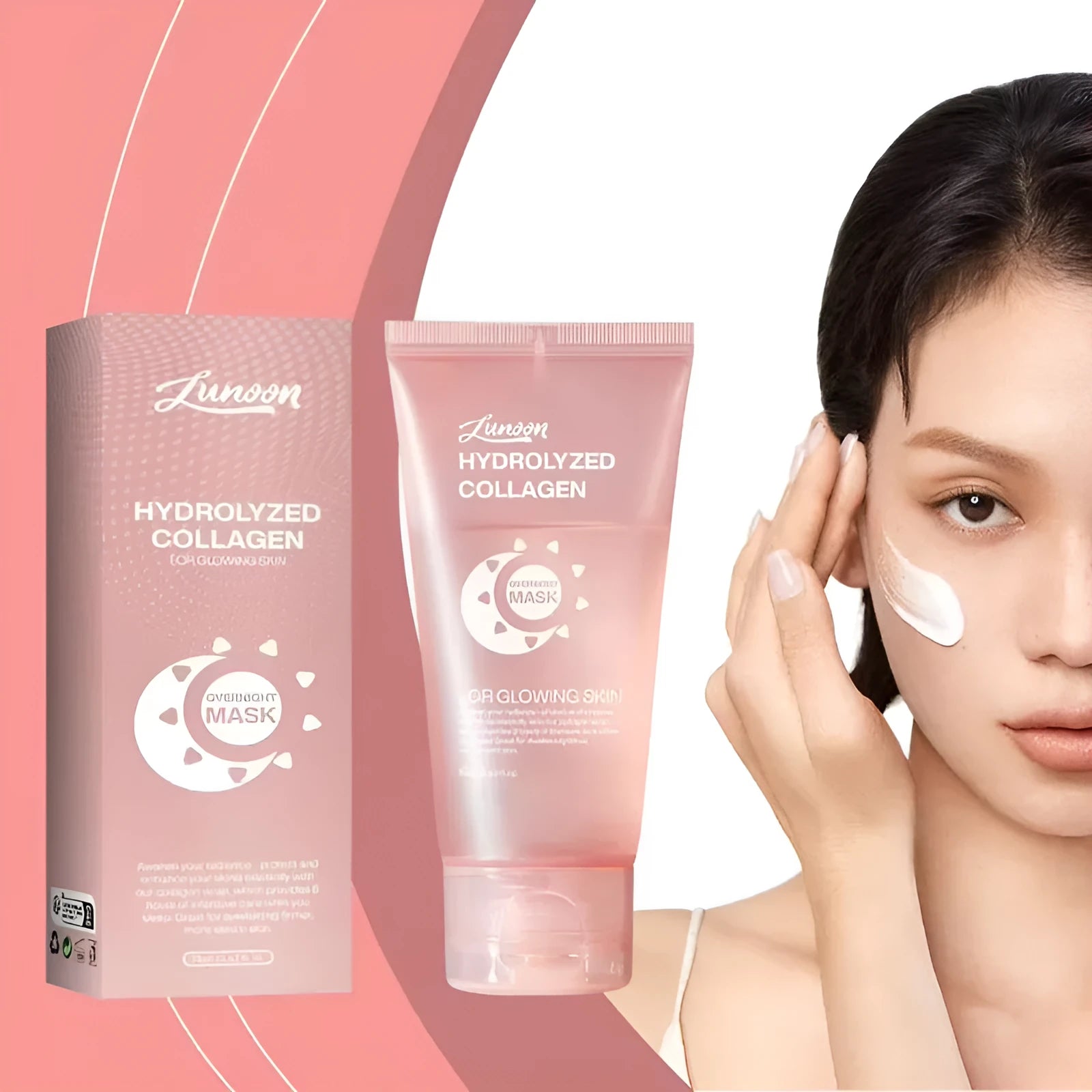 75ml bottle of collagen night face mask with an application brush on a white background.