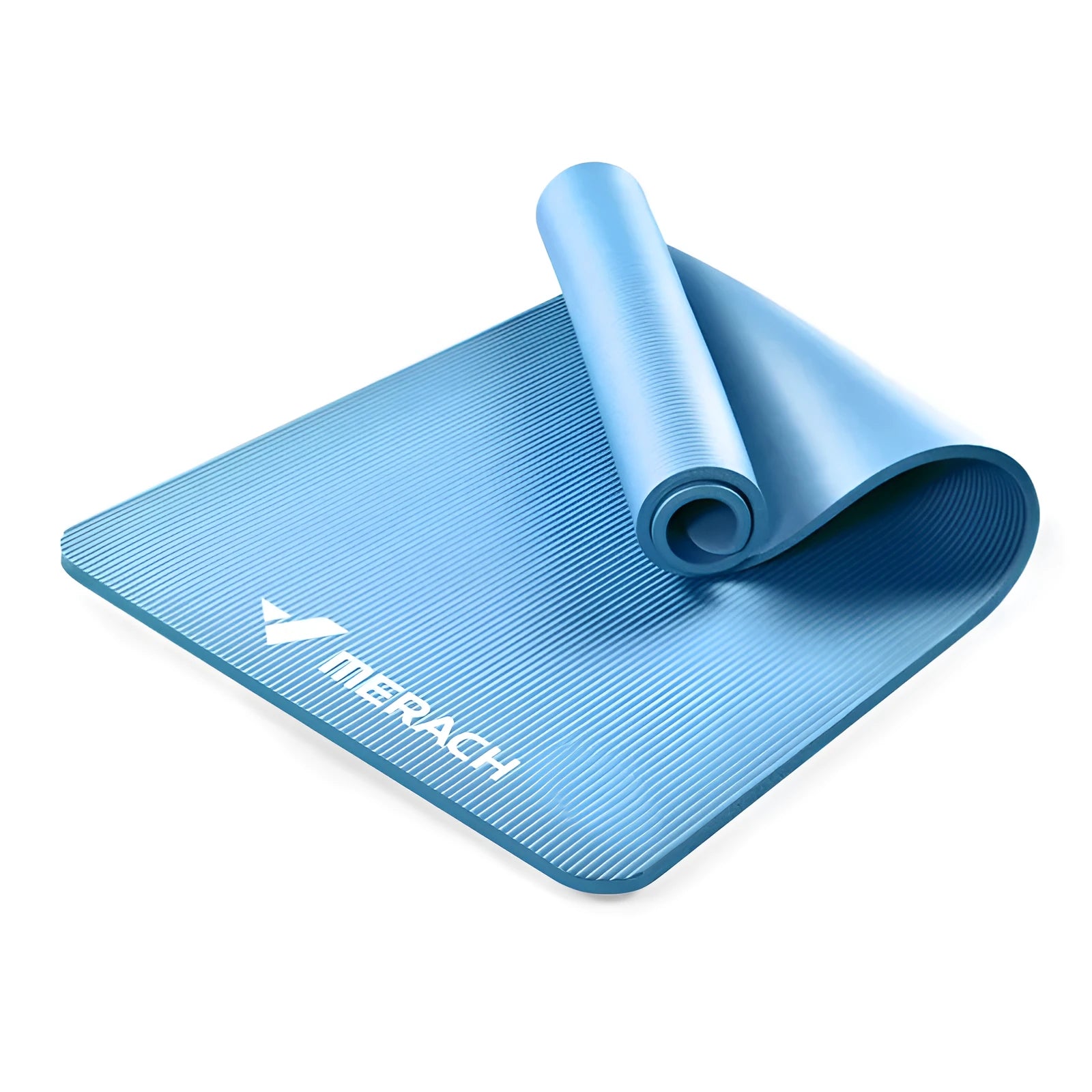 Widened blue TPE yoga mat 183x61cm on floor for home fitness stretching