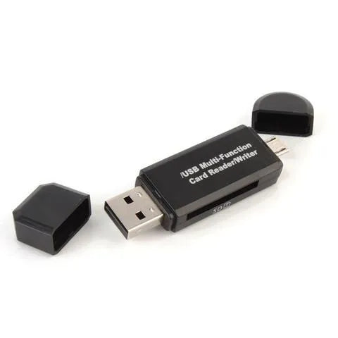 Smart Three-In-One Card Reader with micro USB and USB 2.0 connectors for Android devices, Black, ABS casing