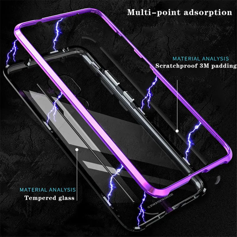 Magnetic Huawei phone case with metal frame and clear tempered glass back