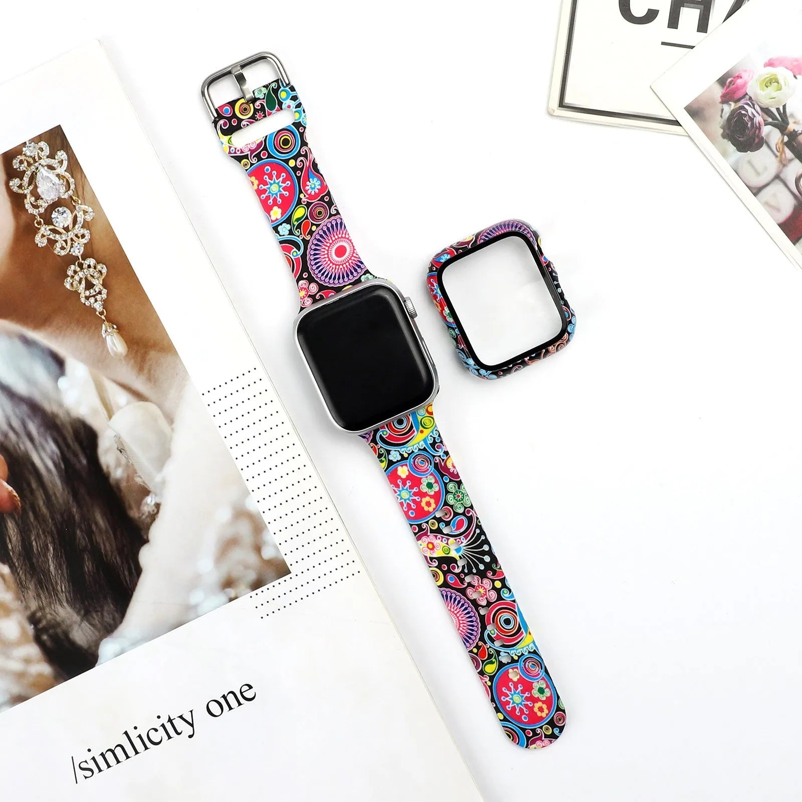 Printed silicone strap for Apple Watch showing design options and size variations