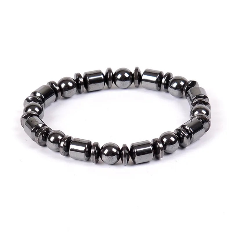 Black pentagram pattern magnetic therapy bracelet with magnetite and hematite stones on a stretch band.
