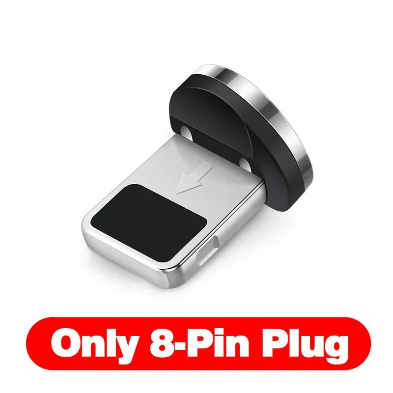 Black L-shaped magnetic charging cable with aluminium connectors for Micro USB, Lightning, and Type-C phones.