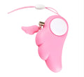 Blue personal security alarm with clip attached to a handbag strap, showing compact size and pull-rope mechanism