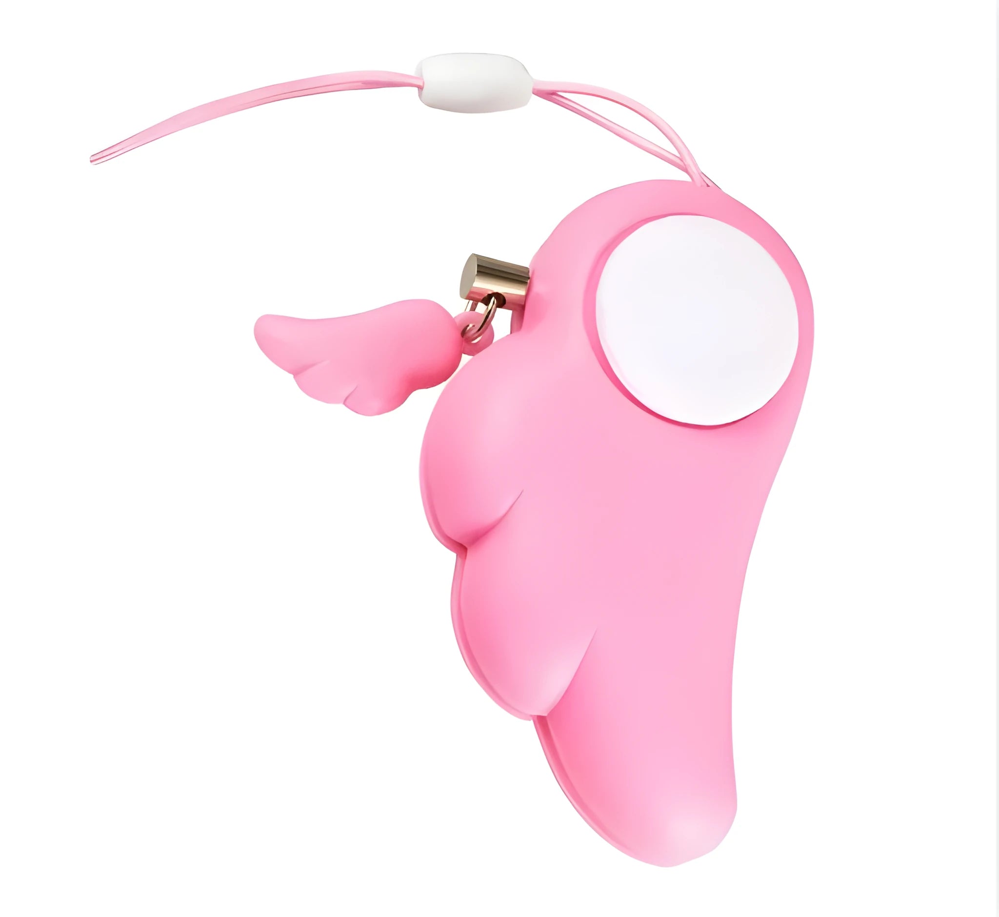 Blue personal security alarm with clip attached to a handbag strap, showing compact size and pull-rope mechanism