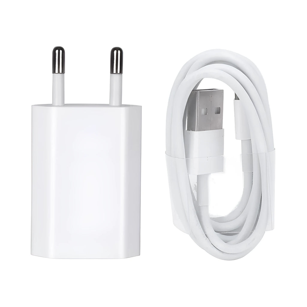 White USB travel charger and cable for iPhone and iPad models, showing 5V 2A output specification.