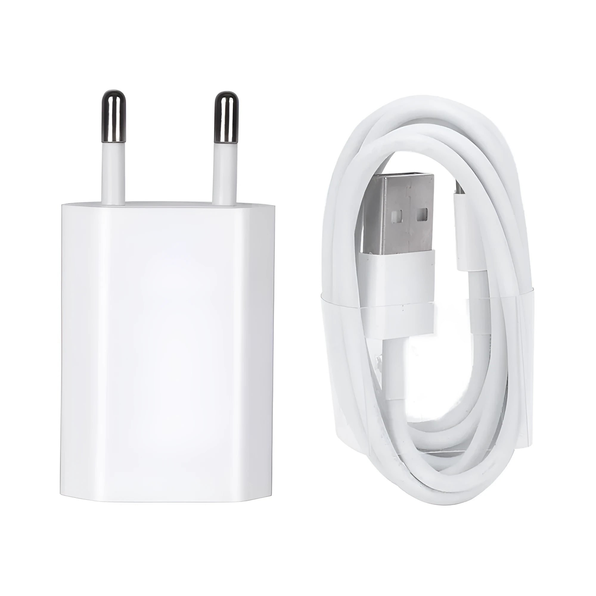 White USB travel charger and cable for iPhone and iPad models, showing 5V 2A output specification.