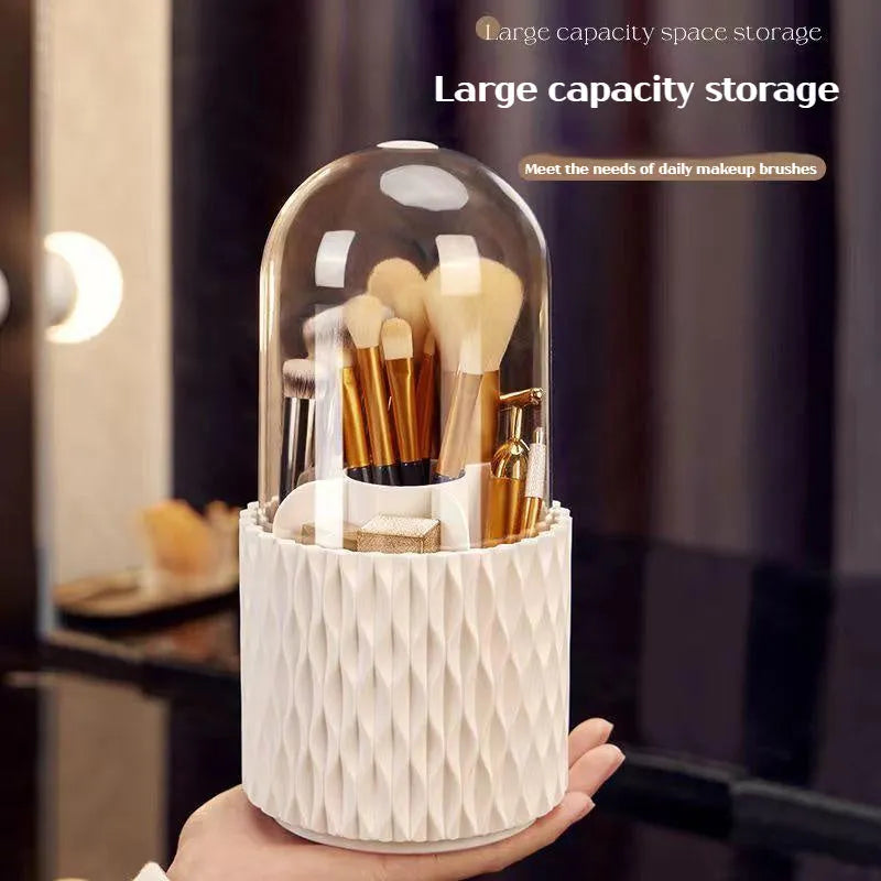 White rotating acrylic makeup brush storage box with transparent walls and dustproof lid