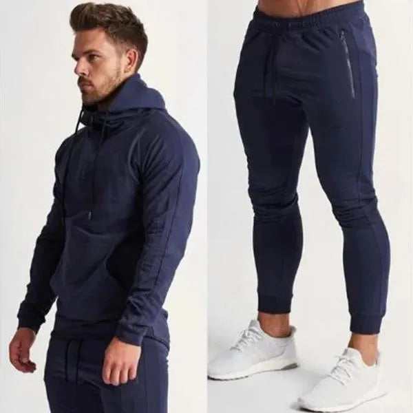 Men's cotton leisure fitness suit set with long sleeve jacket and trousers in black