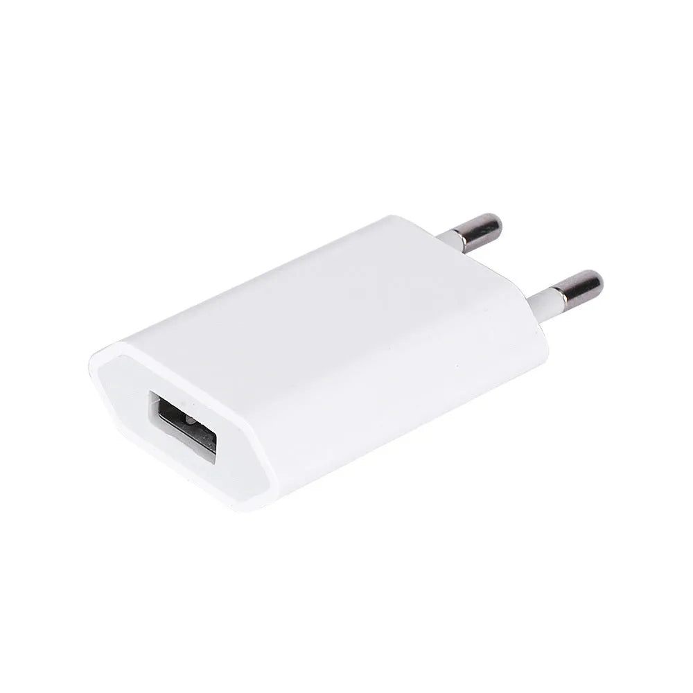 White USB travel charger and cable for iPhone and iPad models, showing 5V 2A output specification.