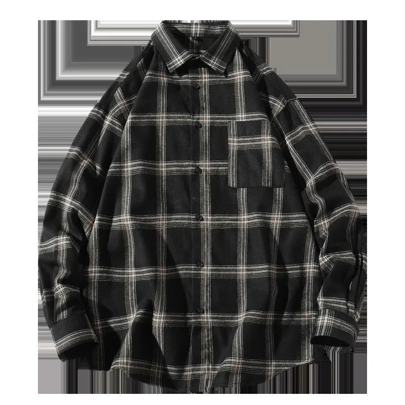 Men's loose-fit plaid long sleeve shirt in black, grey, and navy blue