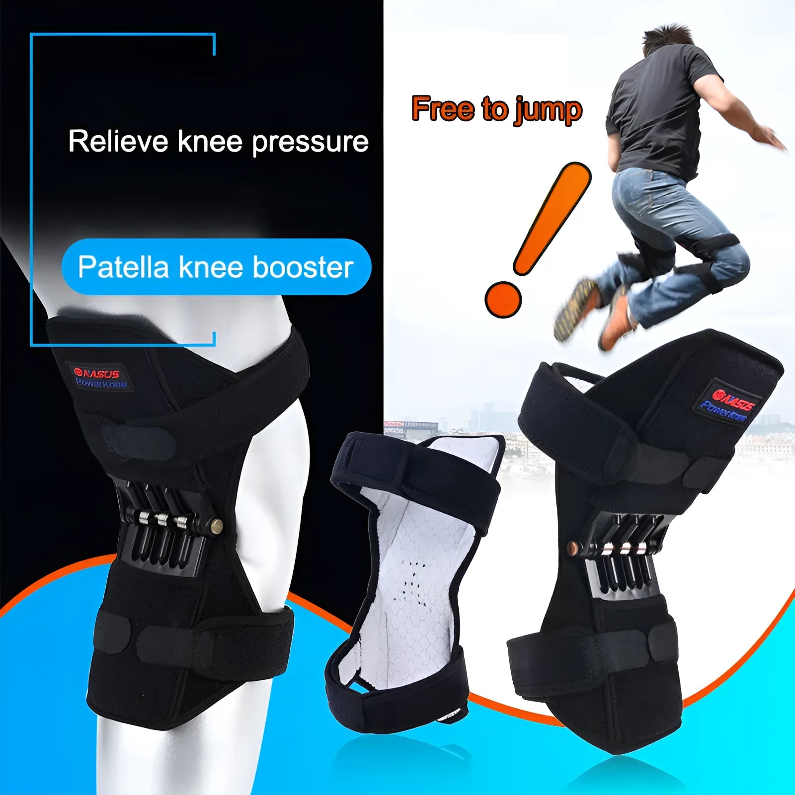 Adjustable spring knee brace patella booster in black colour with breathable fabric and venting holes