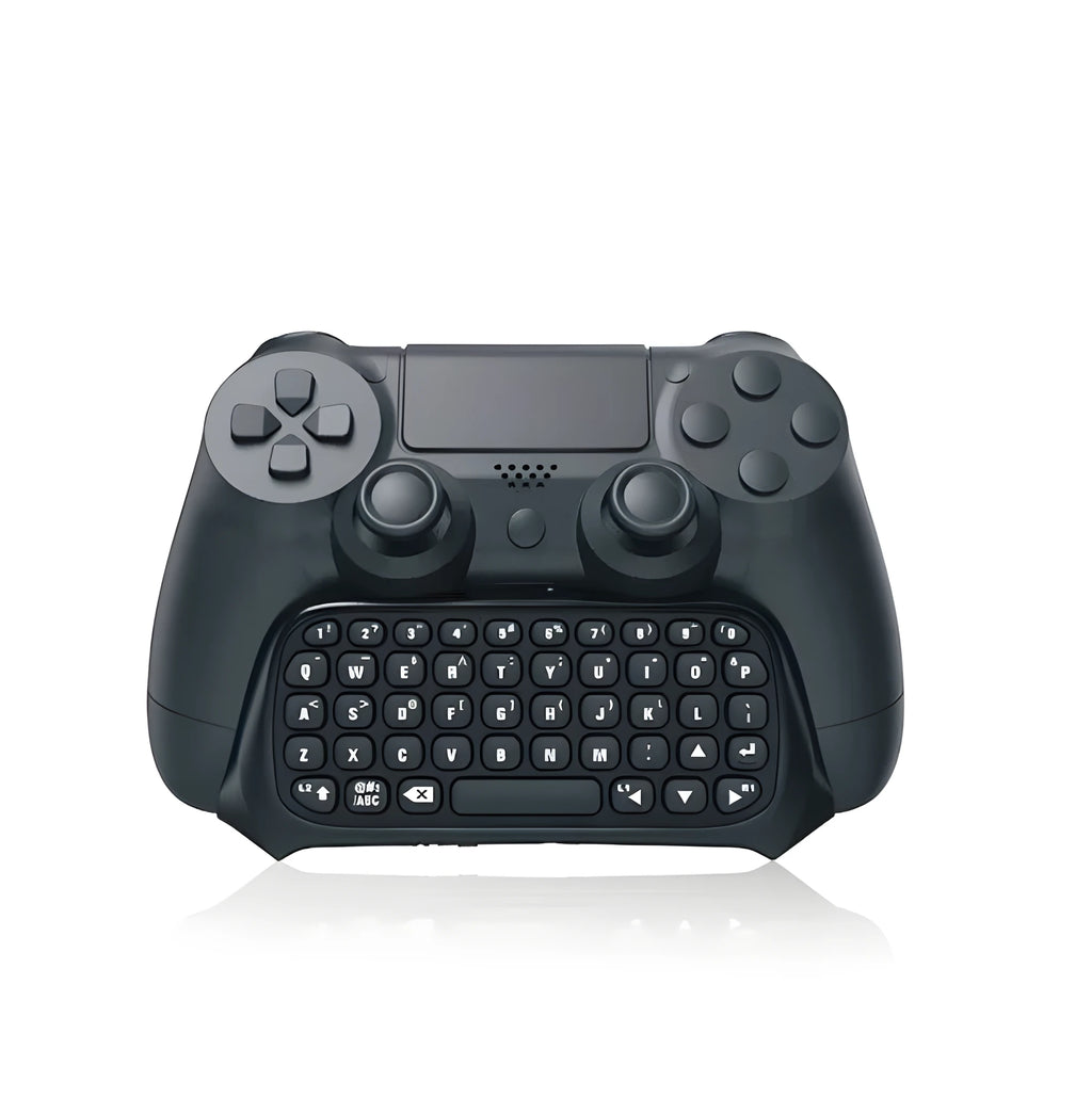Black Bluetooth gamepad keyboard for PS4 voice chat input, 17.2 cm wide, on black background