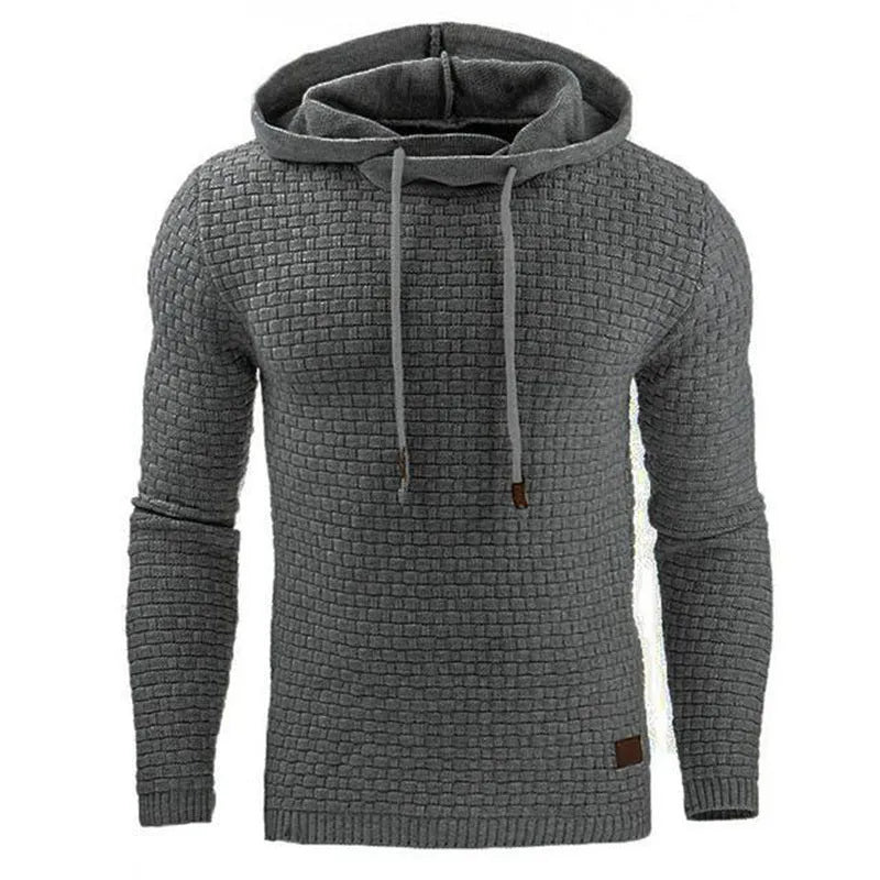 Men's black cotton-polyester blend hooded sweatshirt on a hanger, showcasing the front hood and kangaroo pocket.