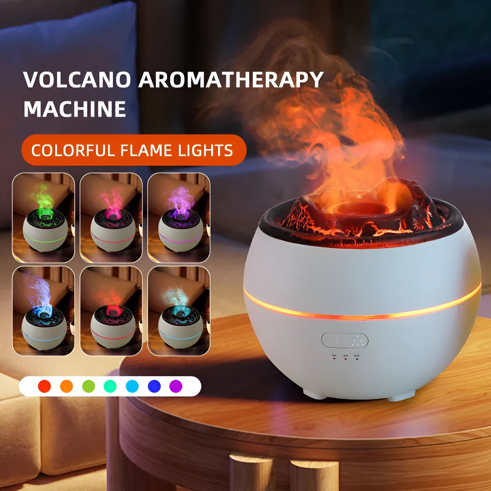 Flame aroma diffuser with timer, 300ml water tank, black crack style, on a wooden desk, with visible USB cable