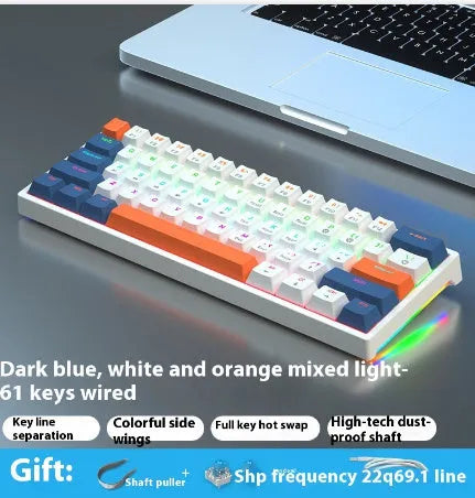 Small 61-key mechanical keyboard with wired USB connection and hot-swappable switches