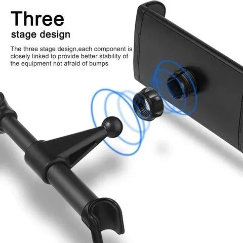 Black universal car phone and tablet holder with adjustable clamp mounted on vehicle rear seat