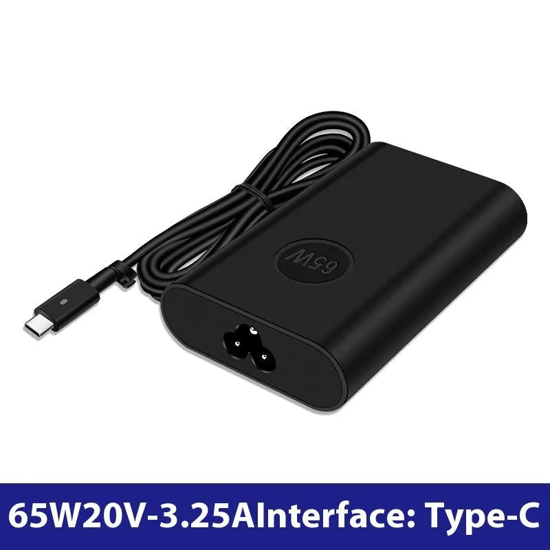 Black 65W USB-C laptop power adapter with set of international plug cords.