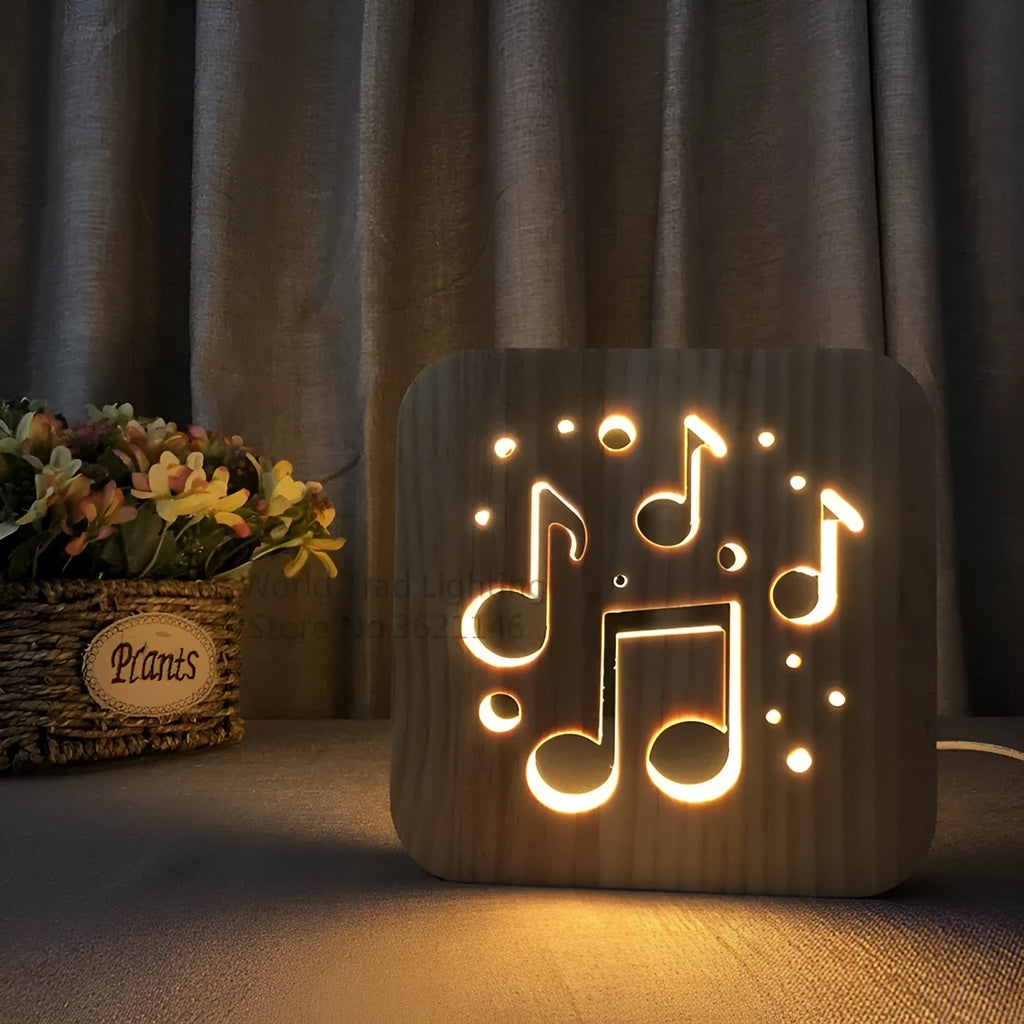 Square pine wood USB-powered LED atmosphere lamp with warm white 3D light on a desk