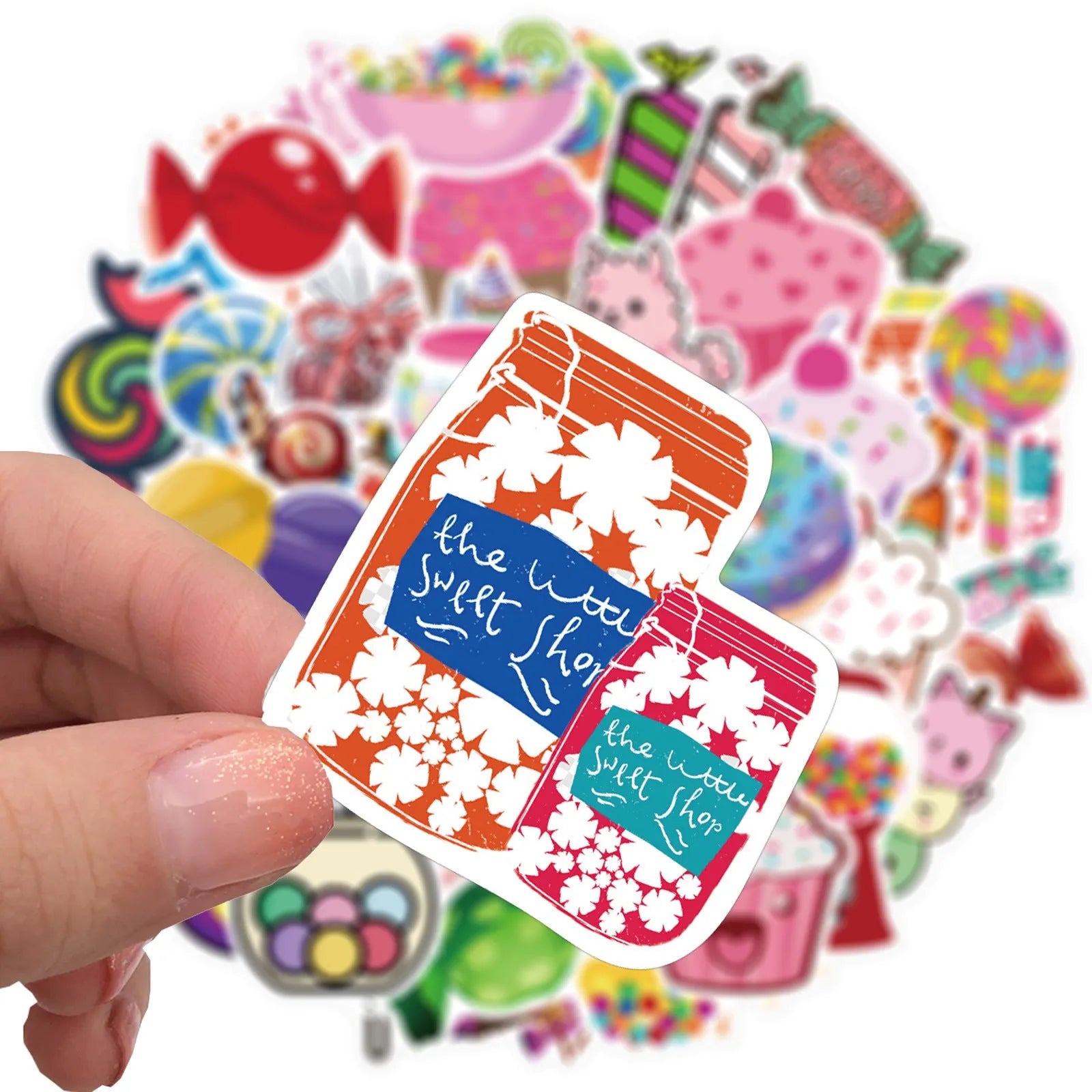 Pack of 50 colourful Candy Series graffiti and cartoon stickers, each measuring 4-6cm.