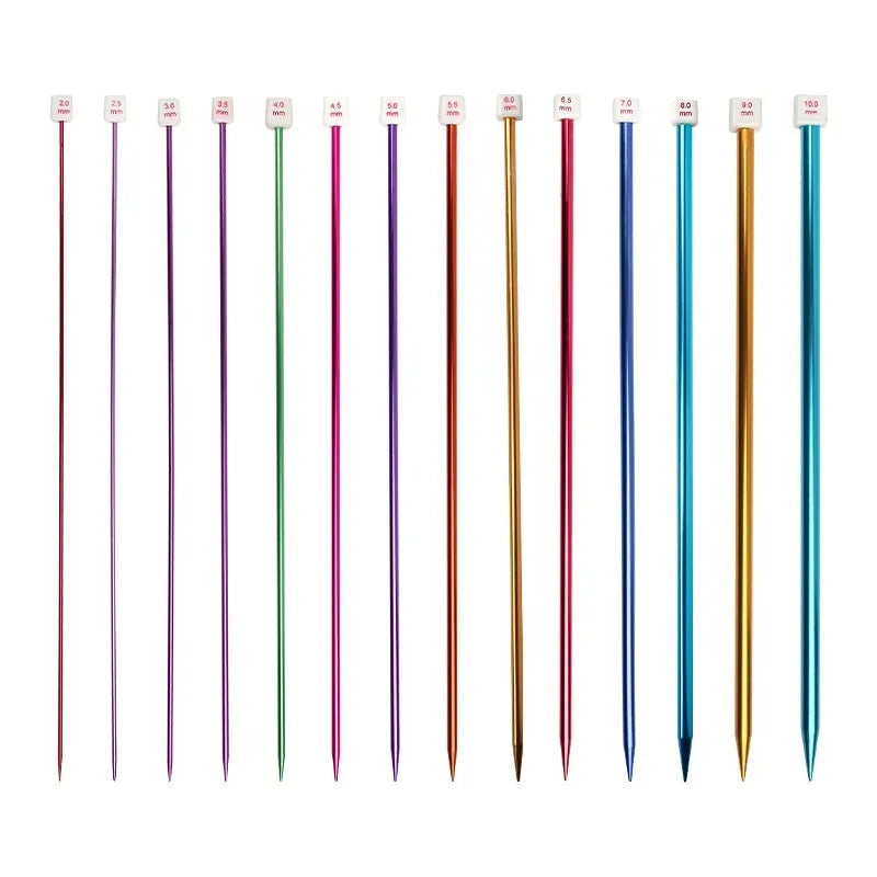 Lengthened crochet hook set with protective caps showing 14 different sizes from 2.0mm to 10.0mm