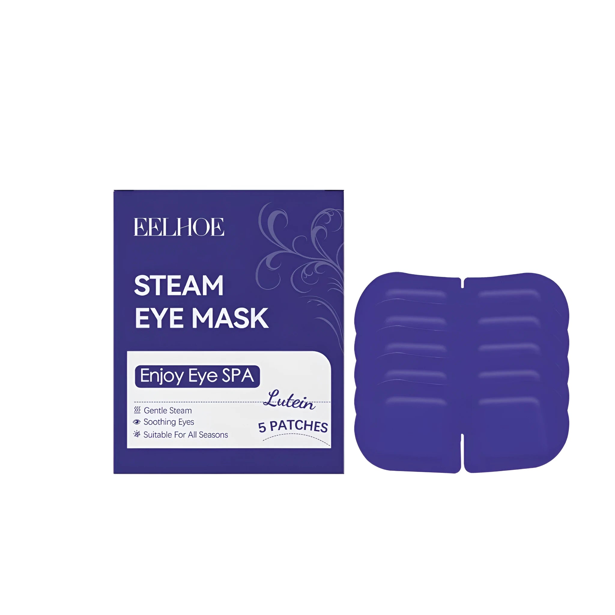 5-pack of disposable lutein steam eye masks with cranberry extract on a white background.