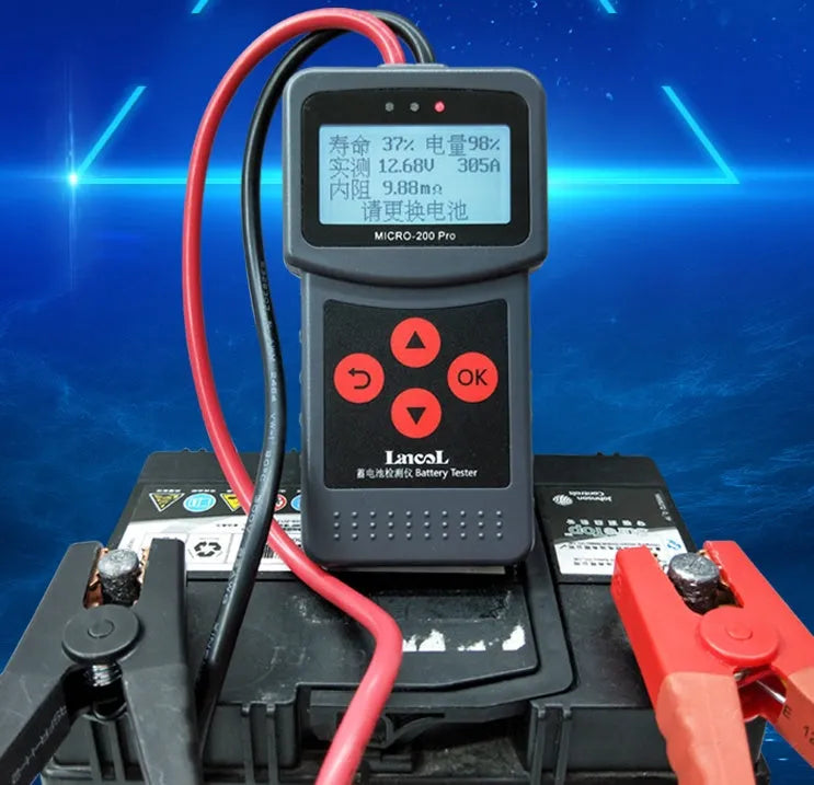 Black car battery tester with digital readout, 15cm length, for voltage and internal resistance measurement