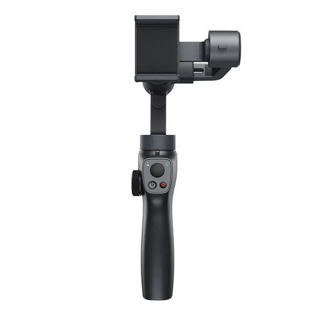 Black handheld three-axis stabiliser for mobile phones with ABS+PC frame and clamp open for a smartphone