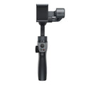 Black handheld three-axis stabiliser for mobile phones with ABS+PC frame and clamp open for a smartphone