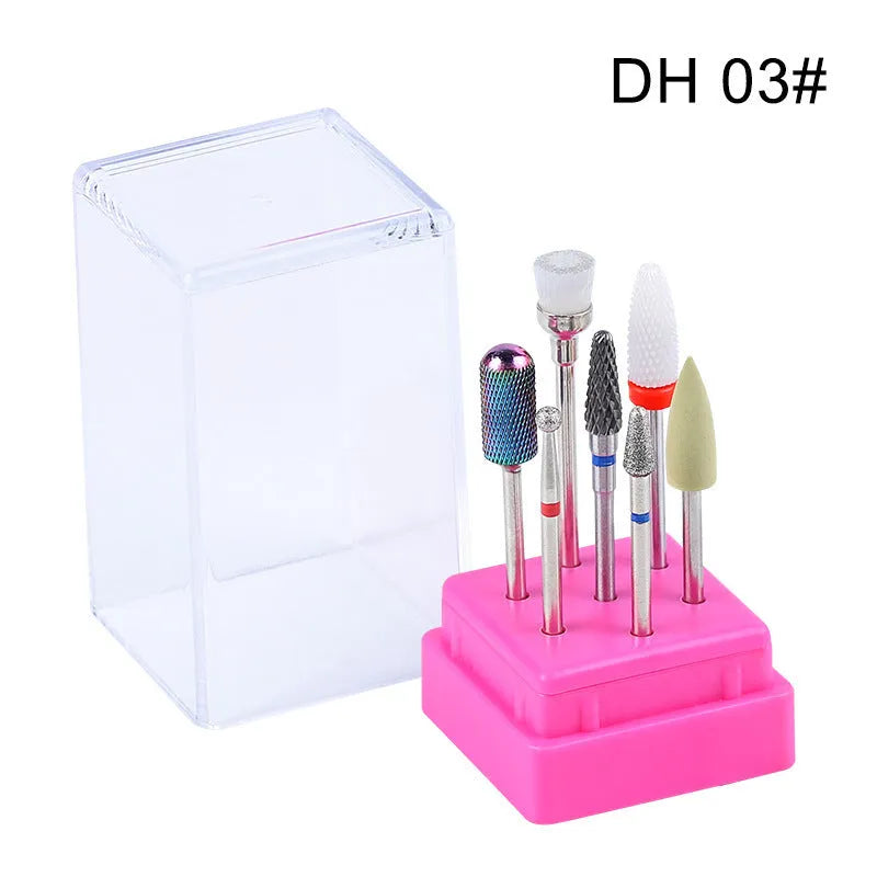 Tungsten steel nail drill polishing head set with 6 bits and 1 brush in transparent case