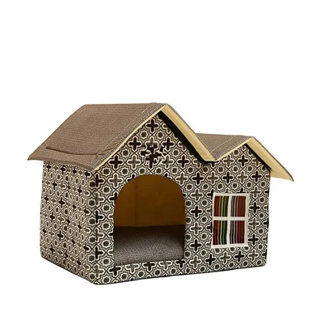 Double top pet house in dark brown corduroy with waterproof Oxford cloth, 55x40x42cm dimensions
