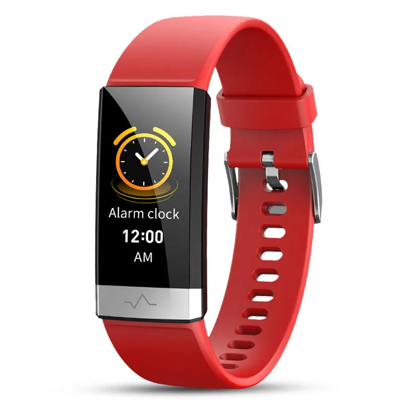 V19 smart health bracelet with colour screen and black TPU strap, showing ECG monitoring interface.