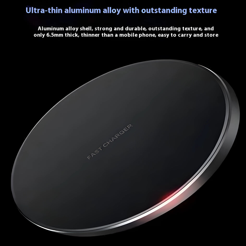 Black frosted 15W wireless charger on a desk with a Type-C cable connected