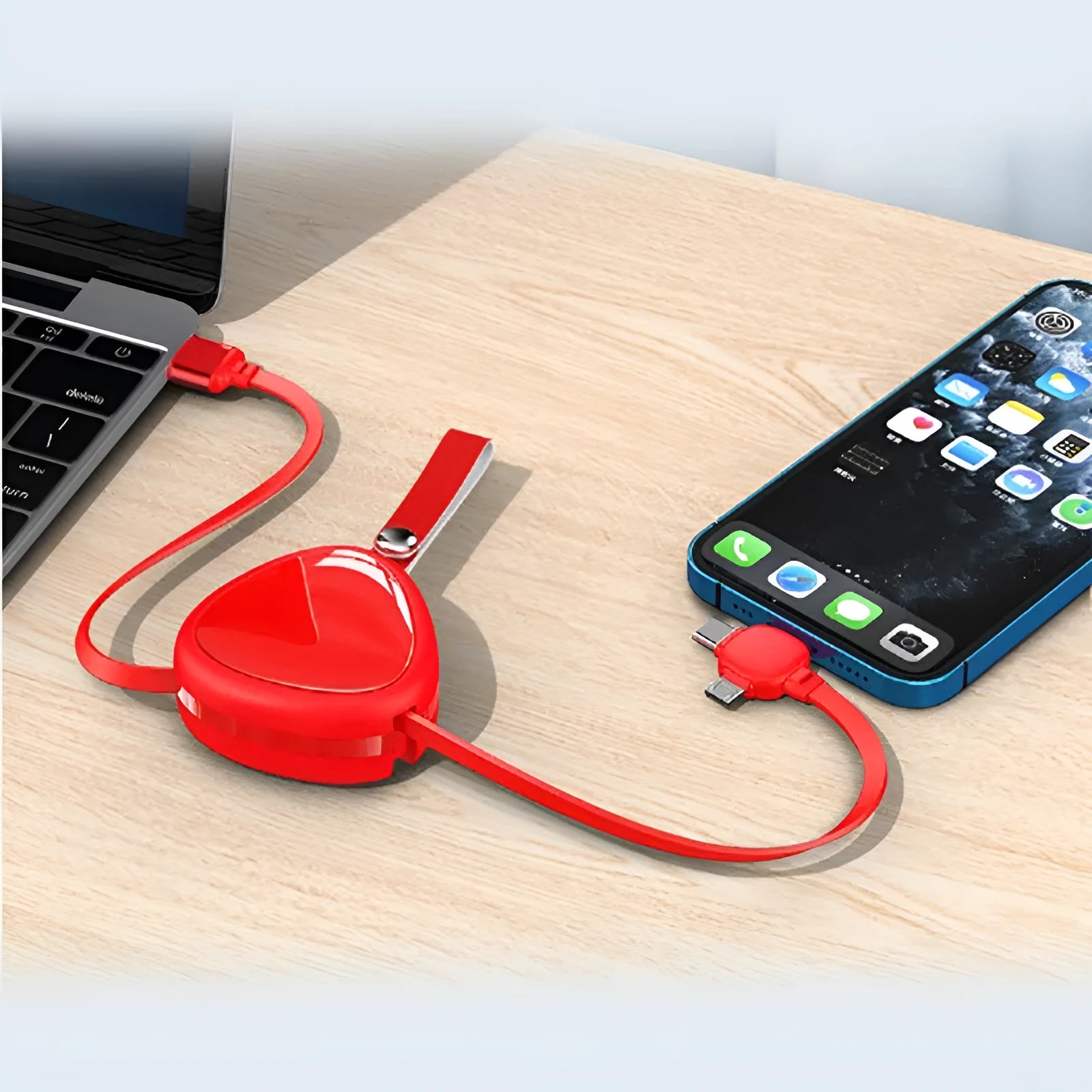 New stretch one drag three data line retractable three-in-one charging cable in Pearl White with USB, Lightning, Micro USB, and Type-C connectors