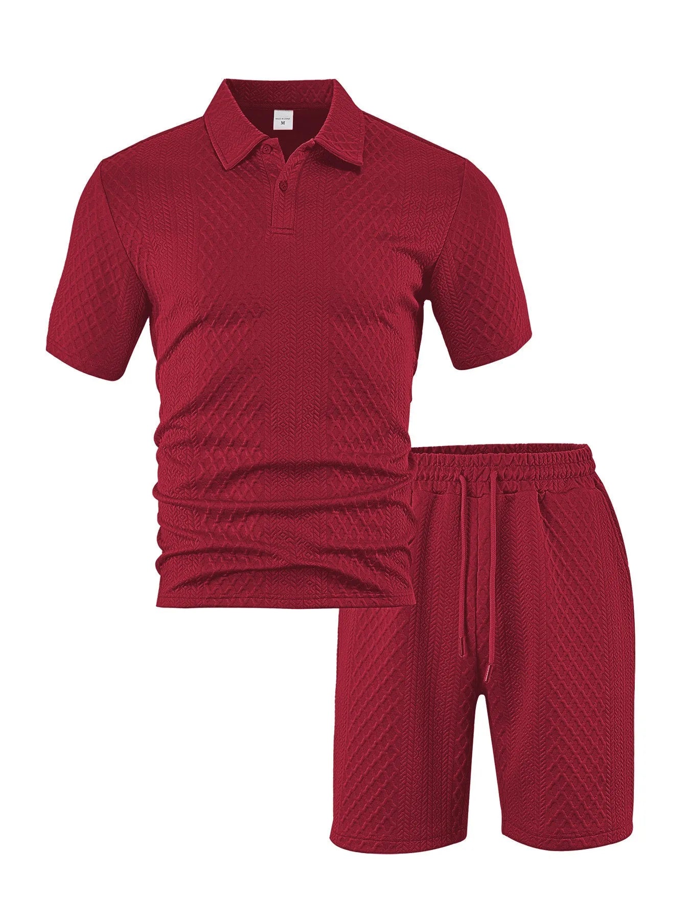 Men's light grey casual short sleeve suit with polo shirt and trousers on a hanger