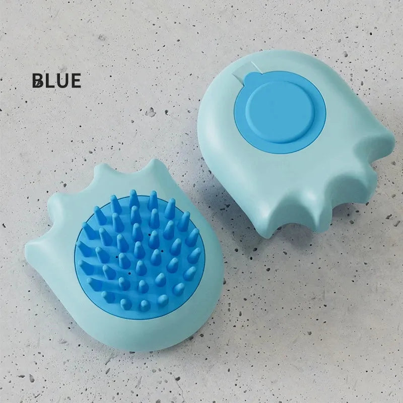 Blue pet bath brush massage comb with integrated shampoo box for washing cats and dogs.